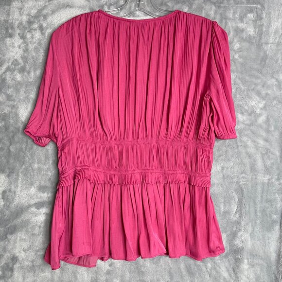 Current Air Pleated Puff Sleeve‎ Top Womens M Pink V Neck Peplum Spring Summer - Picture 2 of 8